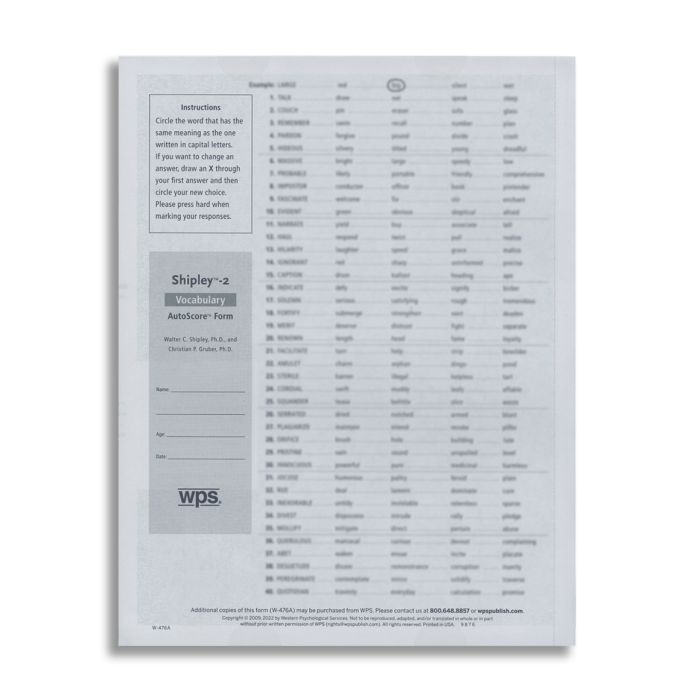 Shipley2 Vocabulary AutoScore Form (Pack of 25)