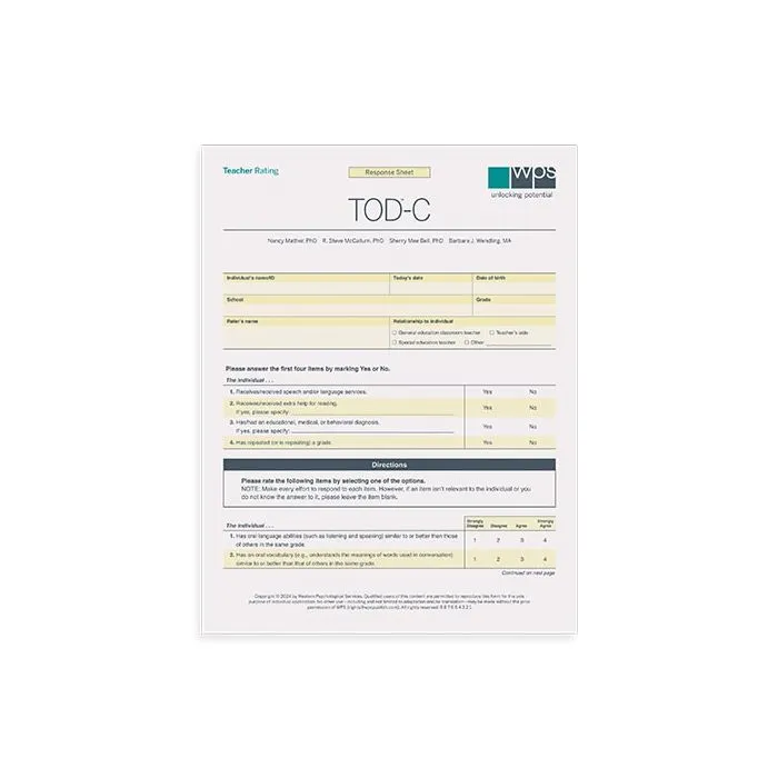 TOD-C Online Teacher Rating Form (10 Uses)