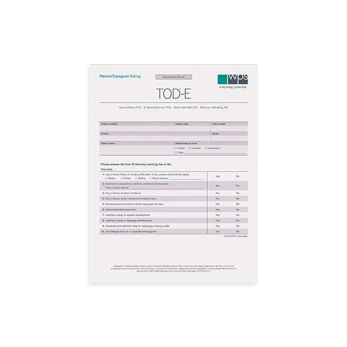 TOD-E Online Parent/Caregiver Rating Form (10 Uses)