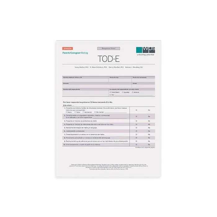 TOD-E Online Spanish Parent/Caregiver Rating Form (5 Uses)