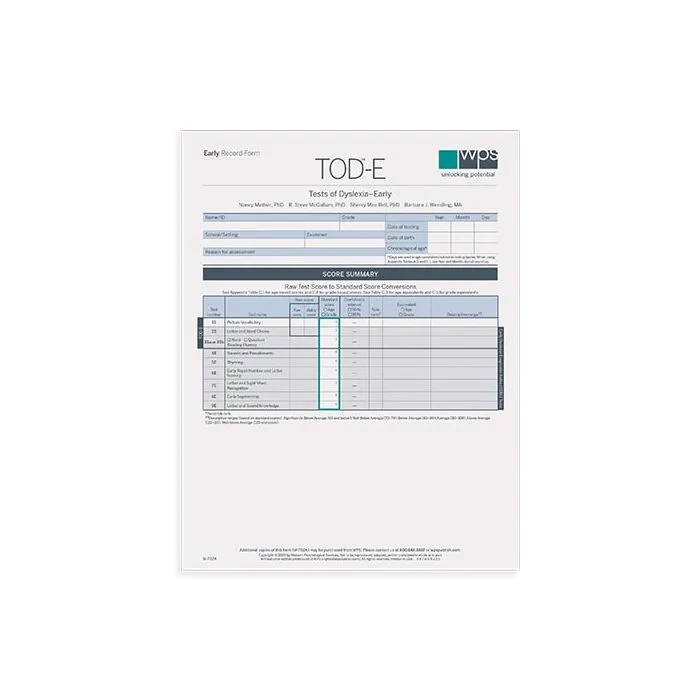 TOD-E Print Record Form Grades K-2 (Pack of 10)