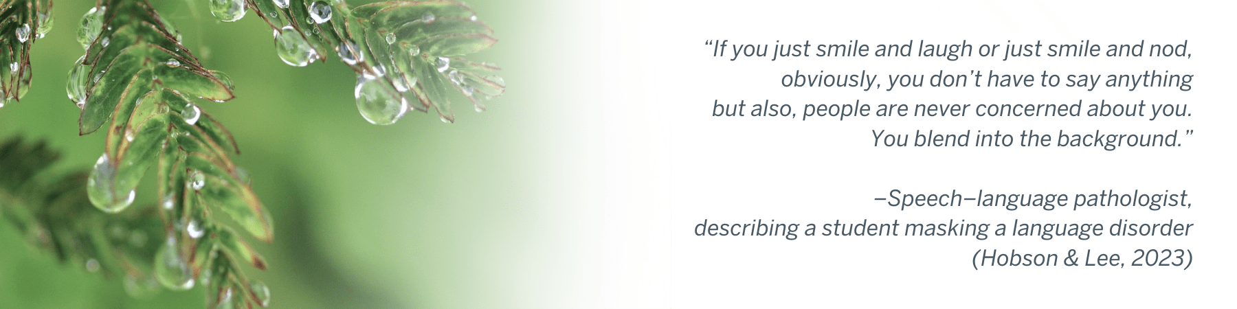 “If you just smile and laugh or just smile and nod, obviously, you don’t have to say anything but also, people are never concerned about you. You blend into the background.”  –Speech–language pathologist, describing a student masking a language disorder (Hobson & Lee, 2023)